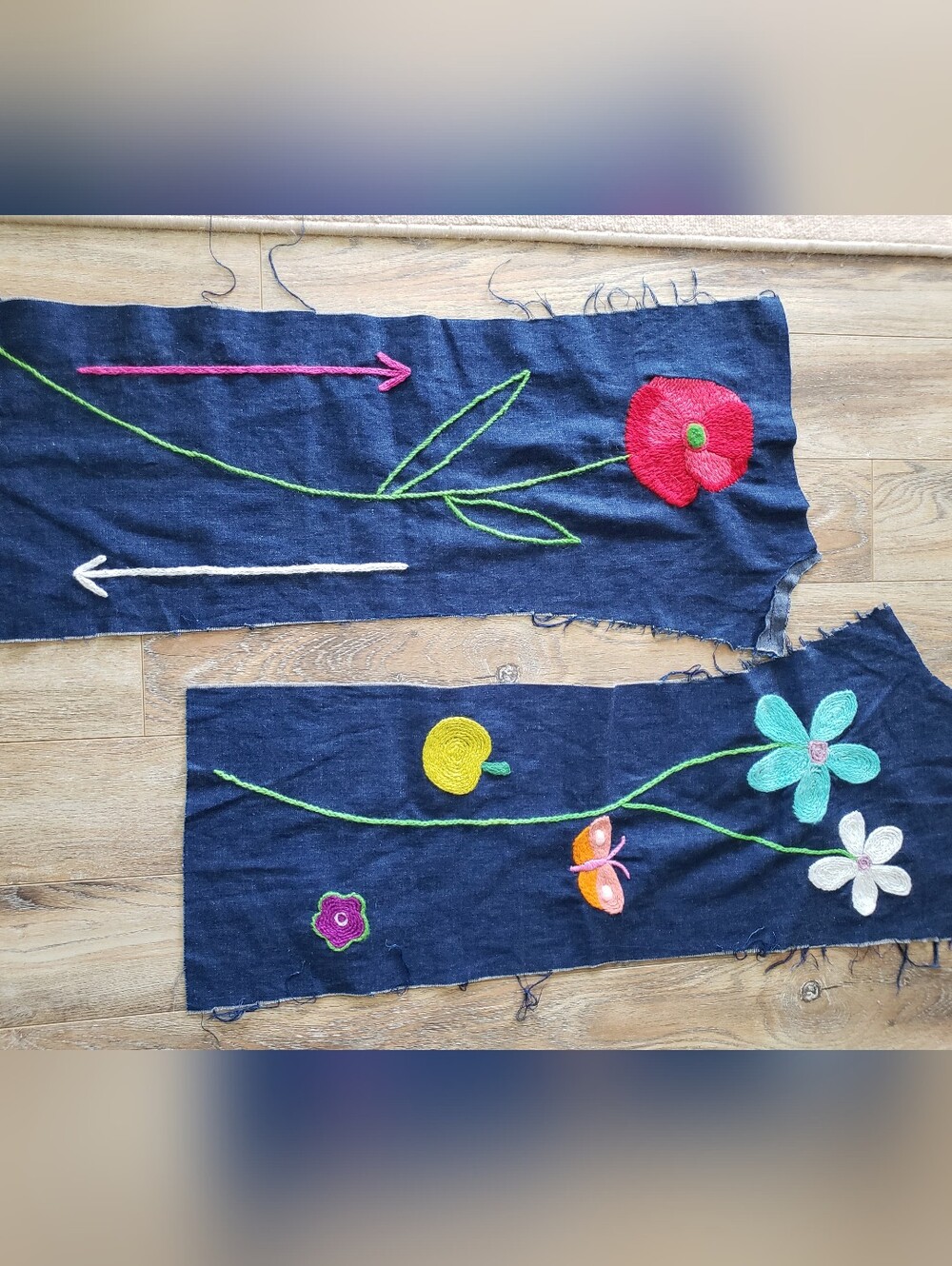 Hand-Embroidered Floral Denim Panels - Multicolor Flowers
